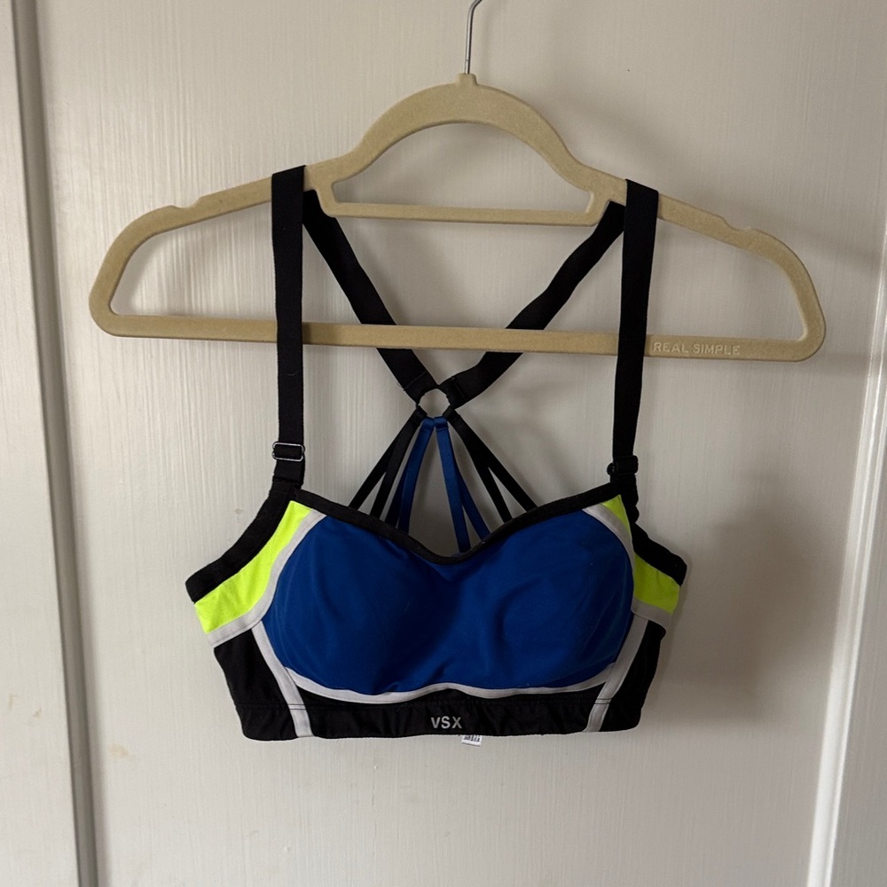 VSX Blue and Neon Yellow Strappy Sports Bra with Black Trim